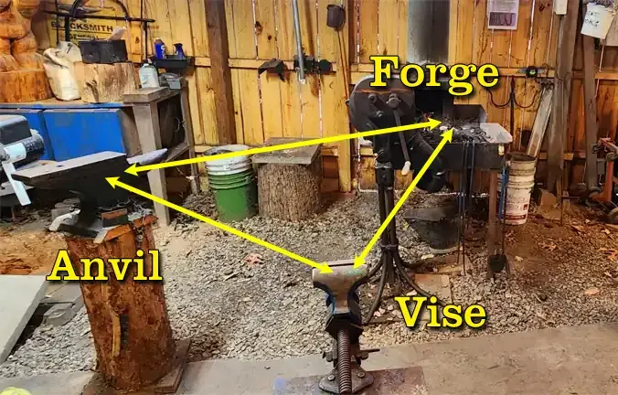 A coal forge sits in the middle with two anvils on wooden supports on each side.  The room is walled with raw wood and gravel floor.  Many hand tools are lying about. 